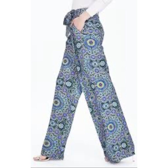 Banana Republic Pleated Blue Floral Boho Wide Leg Belted Sz 2 Silky Pants - Picture 3 of 14